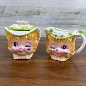 Vintage Enesco Miss Priss Winking Kitty Sugar Jar W Lid 4 & Creamer